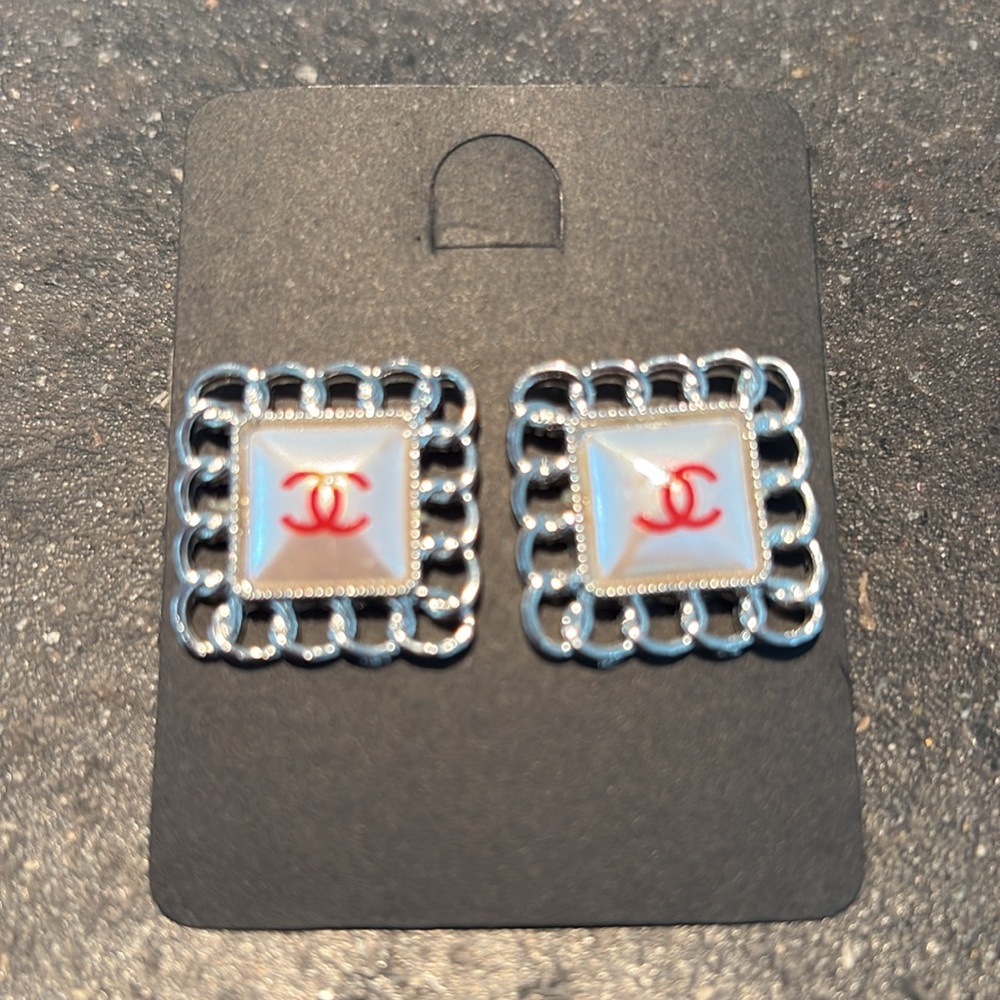 Gold and Opal White LV Gucci Logo Earrings - designer bling - Picture 9 of 14